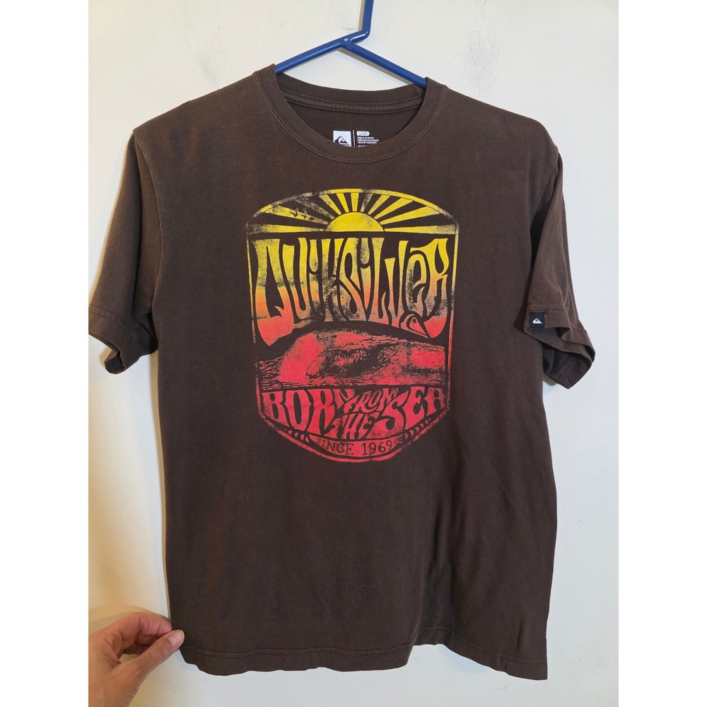 Quiksilver Mens Graphic‎ T-Shirt Brown Born From The Sea Wave Sunset Large L